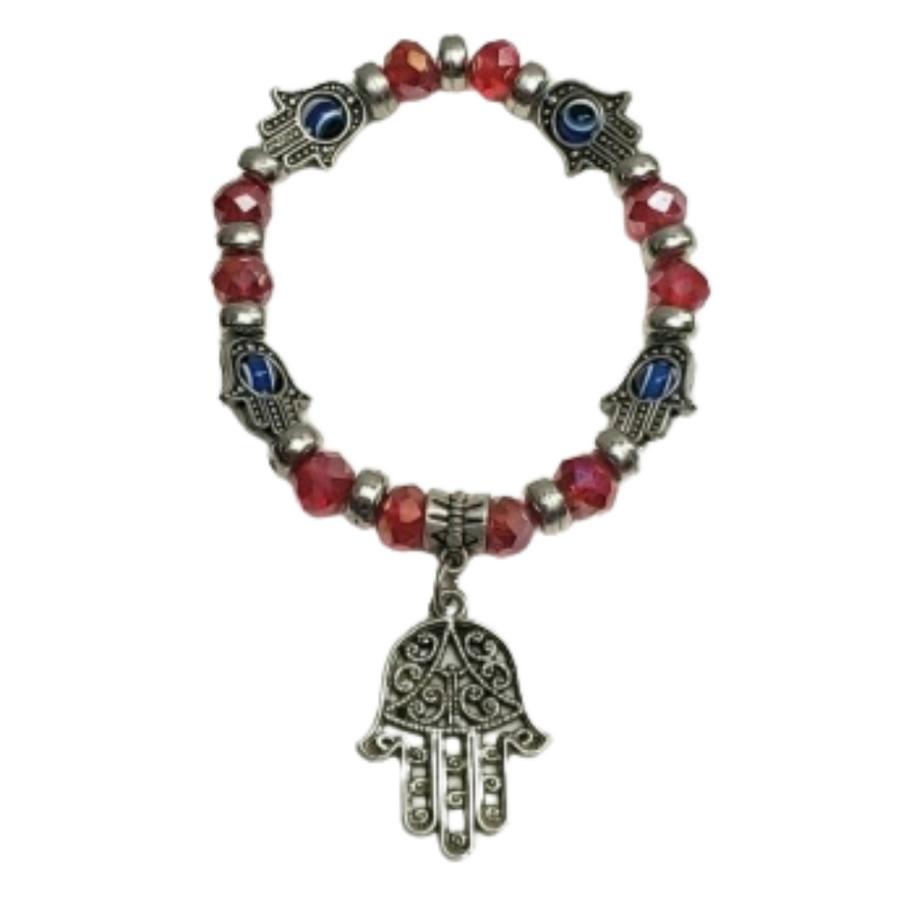 Hamsa Hand Evil Eye Beaded Stretch Bracelet Red Blue Silver